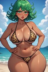 ai_generated alternate_breast_size alternate_skin_color beach beach_background big_breasts bikini bikini_bottom bikini_only bikini_top blush blushing_at_viewer blushing_female breasts disgusted disgusted_look earrings gyaru gyarufication hands_on_hips leopard_print leopard_print_bikini leopard_print_bra leopard_print_panties lipstick one-punch_man shorter_female shortstack shortstack_female tan tan_body tan_skin tanned tanned-skinned_female tanned_body tanned_female tanned_skin tatsumaki tatsumaki_(one-punch_man) tsundere wide_hips