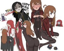 project_moon lobotomy_corporation gebura_(lobotomy_corporation) binah hod_(lobotomy_corporation) 3girls female_only big_ass boob_window outfit_swap