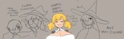 ... :3 alice_(lewdicrousart) blonde_hair clara_cumwitch_(lewdicrousart) cleavage lewdicrousart light-skinned_female light_skin light_skinned_female magic_user magical_girl oc sheryl_adept_healer_(lewdicrousart) witch witch_hat