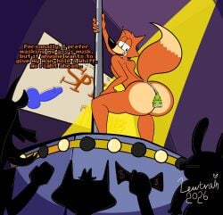 2026 absurd_res air_freshener aliasing anthro ass big_butt binary_drawing canid canine claws clothing convenient_censorship crowd dancing digital_drawing_(artwork) digital_media_(artwork) dipstick_tail fox fur group hi_res humongous_entertainment lewtrain low-angle_view male mammal markings money orange_body orange_fur penis_drawing pole pole_dancing presenting raised_tail rear_view smile solo spotlight spy_fox spy_fox_(series) stage tail tail_markings undressing