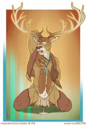 1boy anthro antlers body_hair brown_fur cervine chaps clothing deer delicatessen fur happy_trail horn jewelry kneeling loincloth male male_only mammal necklace nipples omegaro open_mouth penis precum solo tribal uncut