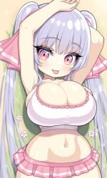 ai_generated arms_up eyes female female_only large_breasts long_hair looking_at_viewer looking_up on_back oppai pink pink_trim purple_hair riko_(shuz) shortstack silver-purple_hair thebillai twintails very_long_hair voluptuous white_tank_top