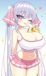 ai_generated banana eating eyes female female_only frills large_breasts long_hair looking_at_viewer microskirt oppai pink pink_trim purple_hair riko_(shuz) shortstack silver-purple_hair thebillai twintails very_long_hair voluptuous white_tank_top