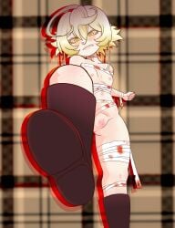 axl_vegeta bandages blonde_hair bloody_bandage blush functionally_nude gold_eyes injury stomping tanya_degurechaff youjo_senki