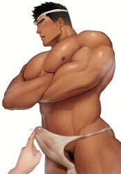 1boy 1other abs absurd_res balls balls_under_clothes bara beefy biceps big_areola big_bulge black_hair blush breasts bulge bulge_through_clothing crossed_arms daddy dark_skin dilf duo dutch_angle erection erection_under_clothes fundoshi fundoshi_only gay genital_outline glans_stimulation hachimaki headband hi_res hunk kansuke_(kansuke_717) looking_at_viewer low-angle_view male male_only manly mature_male moobs muscles muscular muscular_arms muscular_male muscular_thighs navel offscreen_character original original_character pecs penis quadriceps rokushaku_fundoshi sanpaku short_hair six_pack small_pupils sweat sweatdrop sweating sweaty touching_penis tough_guy translucent_clothing very_high_resolution white_background white_fundoshi yaoi