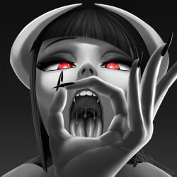 bangs black_hair black_nails dizartster fellatio_gesture hand horns long_nails nails oblivionfall open_mouth oral_invitation phalia red_eyes saliva sharp_teeth sloppy succubus succubus_horns teeth tongue tongue_out vampire_teeth