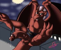 anus ass belt big_penis brooklyn_(gargoyles) city_nights claws clothed clothing disney feet gargoyle gargoyles humanoid_penis hyper kotetsu_rexen loincloth looking_at_viewer male male_only moon night outside paws penis signature sky solo spread_wings testicles topless vein wings