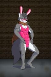 4_toes 5_fingers abs alley angry anthro athletic athletic_anthro athletic_male balls_outline barefoot black_hair black_nails black_nose blush blush_lines bodily_fluids body_control brick_background brick_wall brown_cape brown_clothing bulge canid canine canis cape cheek_tuft claws clenched_teeth clothing colored_nails costume detailed_bulge emanata embarrassed erection erection_under_clothing eyebrows facial_markings facial_tuft fangs feet fingers forced forced_dancing forced_erection fur fur_markings genital_fluids genital_outline genitals green_eyes grey_background grey_body grey_fur grey_tail haigure hair head_markings head_tuft hi_res humanoid_genitalia humanoid_penis humiliation humiliation_fetish latex latex_clothing leotard lmania329 male mammal markings nails outside penis penis_outline precum precum_on_penis presenting presenting_penis purple_markings rabbit_ears simple_background solo spandex spandex_clothing spread_legs spreading squirming standing tail teeth teeth_showing thrust_lines thrusting tight_clothing toe_claws toes tuft unwanted_erection wall_(structure) white_body white_eyebrows white_fur wolf