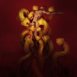 2022 absurd_res ambiguous_gender arms_out bite digital_media_(artwork) duo european_mythology faceless_character faceless_male fangs fangs_bared feral genitals greek_mythology hi_res human hydra interspecies male mammal meandraco multi_head mythology nude penis pubes red_background simple_background teeth