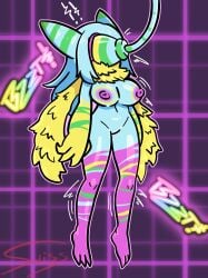 blue_skin dangling female hypnosis large_breasts midair nude onomatopoeia scarf swisschocoart transformation werewire werewire_transformation wire