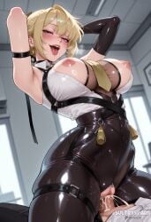 1boy ai_generated armpits arms_behind_head arms_up artist_name between_breasts black_gloves black_pants blonde_hair blue_eyes blush breasts collared_shirt cowgirl_position crotch_zipper cum cum_in_pussy earrings elbow_gloves evelyn_chevalier female futarush gloves hoyoverse indoors jewelry large_breasts mihoyo necktie nipples open_mouth pants patreon patreon_username penis purple_eyes pussy sex shirt short_hair single_elbow_glove single_glove smile solo_focus straddling straight sultryspark tassel tongue tongue_out uncensored vaginal_penetration white_shirt yellow_necktie zenless_zone_zero zipper zipper_pull_tab