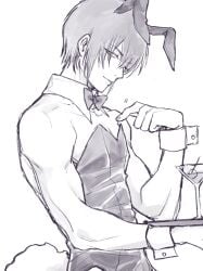 alternate_costume bowtie bunny_boy bunny_ears bunny_tail bunnysuit crossdressing detached_collar gintama llemonyyyy looking_at_viewer male male_only male_playboy_bunny martini monochrome one_eye_closed sketch smile solo takasugi_shinsuke toned toned_male tray wrist_cuffs