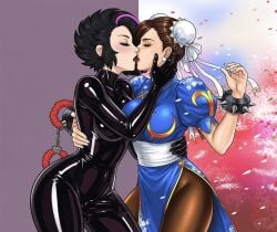 2girls afrobull afrobull_(ai_sytle) ai_assisted ai_generated bulge bulge_through_clothing chun-li futa_on_female futanari handcuffs katelynn_(afrobull) kiss latex latex_clothing penis_bulge street_fighter yuri