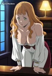 1girls ai_generated anime anime_style bare_shoulders black_clover breasts cleavage collarbone corset detached_sleeves downblouse female green_eyes hentai hi_res indoors lamp large_breasts leaning_forward long_hair long_sleeves mimosa_vermillion mystic_maidens night no_bra open_mouth orange_hair pants patreon shirt solo wavy_hair white_pants window