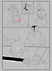 1boy1girl 2d 2d_(artwork) anythinggoes armor armored_female ass battle begging begging_for_mercy blaster_(star_wars) bo-katan_kryze cameltoe cape damaged damaged_clothing darksaber desert din_djarin duel headband imminent_death jetpack mandalorian mandalorian_armor mandalorian_helmet monochrome star_wars tight_clothing