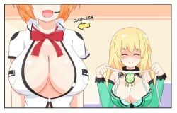 2girls big_breasts blonde_hair breast_envy breasts busty cleavage closed_eyes clueless compile_heart dress false_smile female female_only highres idea_factory large_breasts leafybow25 long_hair marvelous marvelousaql_(neptunia) multiple_girls neptunia_(series) open_mouth orange_hair shaded_face smile tongue unbuttoned unbuttoned_shirt vert voluptuous