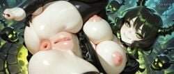 ai_generated big_ass black_rock_shooter dead_master feet green_eyes green_hair horns huge_breasts legs_up looking_at_viewer pixforge puffy_anus puffy_nipples puffy_pussy skulls spread_ass spread_legs thick_thighs thighhighs