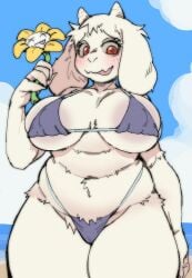 1girls 2026 2d areolae beach big_breasts bikini blush breasts chubby chubby_female deltarune female flower flowey_the_flower huge_breasts looking_at_viewer looking_down_at_viewer pantsu_ripper purple_bikini red_eyes solo solo_female sunflower swimsuit toriel twitter_link undertale undertale_(series) white_body white_fur
