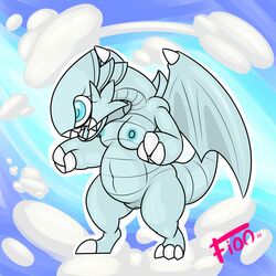 2016 abstract_background absurd_res anthro areola big_breasts blue-eyes_toon_dragon blue_eyes breasts dragon female fionthebunny hi_res konami navel nipples nude open_mouth pussy reptile scalie slightly_chubby solo watermark wings yu-gi-oh!