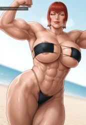 abs ai_generated areola_slip biceps bikini capcom flexing flexing_bicep flexing_both_biceps flexing_muscles marisa_rossetti monosabina muscle_mommy muscles muscular muscular_female pubic_hair pubic_hair_peek red_hair short_hair slutty_female strapless_bra street_fighter street_fighter_6 swimsuit tagme thong thong_bikini