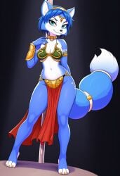 ai_generated blue_fur bushy_tail crossover_cosplay female female_only furry furry_only krystal krystal_(star_fox) long_tail lucasfilm nintendo novelai slave_bikini slave_leia_(cosplay) star_fox star_wars stripper_pole