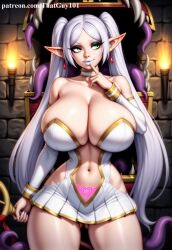 1girls 1monster adapted_costume ai_generated arm_at_side ass_visible_through_thighs bare_shoulders battle_bimbo before_sex big_ass big_breasts bimbo bimbo_body bimbo_lips bimbofication bimbofied breasts brick_wall choker cleavage collarbone colored_nails curvy curvy_figure detached_sleeves dungeon earrings elf elf_ears eyeshadow fangs fangs_out female female_focus finger_to_mouth frieren frieren_beyond_journey's_end frontless_outfit green_eyes hand_up hip_cutout holding holding_object holding_staff hourglass_figure huge_breasts imminent_sex indoor lipstick long_eyelashes long_hair long_nails looking_to_the_side mage magic makeup microskirt mimic mimic_chest monster navel navel_cutout novelai oblivious parted_bangs patreon patreon_url patreon_username pleated_skirt pointy_ears pubic_tattoo sharp_teeth skirt smirk sousou_no_frieren staff stomach_cutout stone_wall strapless tattoo tentacle tgm101_(artist) thick_lips thick_thighs thin_waist torch twintails white_hair wide_hips