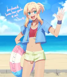 1girls 2d beach beach_background blonde_hair bridget clothed decensored dick_slip english_text foreskin gock guilty_gear guilty_gear_strive ocean_background outdoor_nudity outdoors penis ponytail shorts sky smiling_at_viewer tan_body tan_skin third-party_edit trans_pride_colors trans_woman transfem transgender transgender_pride_colors unaware unaware_exhibitionist uncensored uncensored_penis wardrobe_malfunction