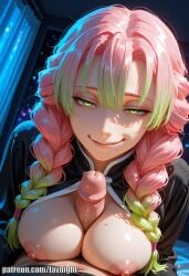 ai ai_generated big_breasts curvy demon_slayer female green_eyes half-closed_eyes half-dressed huge_breasts kanroji_mitsuri kimetsu_no_yaiba lavnight looking_at_viewer male mature_female mitsuri_kanroji obsessed penis_between_breasts pink_hair sexy_body solo solo_female titjob