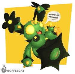 absurd_res action_pose bodily_fluids breast_squish breasts creamycoffeecat dialogue female feral floating generation_5_pokemon genitals glowing glowing_eyes glowing_nipples happy hi_res horn lactating lactating_juice maractus nectar nintendo nipples oblivious oblivious_nudity oblivious_sexualization pokemon pokemon_(species) pose presenting presenting_vulva simple_background smile solo speech_bubble squish unusual_bodily_fluids unusual_lactation vulva