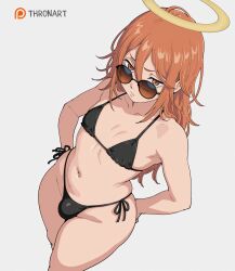 1boy 1femboy ai_generated angel_devil_(chainsaw_man) annoyed annoyed_expression bikini black_bikini bulge chainsaw_man collarbone femboy hair_between_eyes halo hands_on_hips highleg_bikini long_hair male male_focus navel orange_eyes orange_hair side-tie_bikini_bottom sidelocks solo solo_femboy solo_focus sunglasses thick_thighs thronart wide_hips