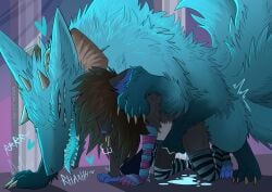 anthro anthro_on_feral blue_body blue_eyes blue_skin bodily_fluids brown_hair canid canine circe_(pankallisti) cum cum_inside cum_on_ground duo duodeko_(pankallisti) female female_on_feral feral feral_penetrating fur genital_fluids grey_body grey_fur hair hi_res larger_feral larger_male male male/female mammal mating_grip monster multi_eye multi_limb multi_tail murid murine pankallisti penetration prosthetic prosthetic_arm prosthetic_limb rat rodent size_difference smaller_anthro tail zoophilia