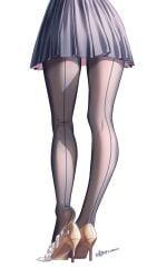 1girl absurdres ass black_pantyhose commentary_request cum_in_footwear from_behind high_heels highres leg_focus lower_body original pantyhose pleated_skirt skirt solo standing thigh_gap thighs xiaoxi0619