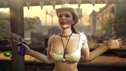 3d 3d_(artwork) absurdres bare_shoulders beautiful_woman braless brown_hair collarbone happy_female high_resolution hitman hitman_absolution holding_revolver huge_breasts lilly_s_dukes long_hair mature_woman no_bra official_art open_mouth revolver