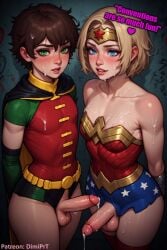 2boys ai_generated bathroom_sex bathroom_stall blonde_hair blue_eyes brown_hair cosplay covered_in_cum crossdressing crossplay erect_penis femboy freckles glasses green_eyes robin_(dc) robin_(dc)_(cosplay) robin_(dick_grayson) short_hair speech_bubble text_bubble thick_hips thick_lips thick_thighs wide_hips wonder_woman wonder_woman_(cosplay)