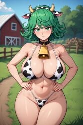 ai_generated alternate_breast_size barn big_breasts breasts collar collared collared_female cow_ears cow_girl cow_horns cow_print cow_print_bikini cowbell cowbell_collar cowgirl farm farm_background farm_girl green_eyes green_hair hands_on_hips hucow one-punch_man shorter_female shortstack shortstack_female tatsumaki tatsumaki_(one-punch_man) tsundere