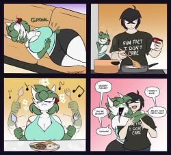 2026 alex_(dewwydartz) arm_scar big_breasts black_bottomwear black_clothing black_hair black_shorts bottomwear breasts cleavage clothed clothed_female clothed_human clothed_humanoid clothed_male clothing comic cooking cutlery dewwydarts dewwydartz dialogue duo eating english_text female fork furry gardevoir generation_3_pokemon green_body green_eyes green_hair hair hi_res hug huge_breasts human humanoid kitchen_utensils male male/female mammal multicolored_body nintendo pokemon pokemon_(species) scar shirt shorts speech_bubble spoon t-shirt tagme tank_top teal_clothing teal_shirt teal_tank_top teal_topwear text thick_thighs tools topwear two_tone_body white_body wide_hips