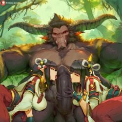 1boy 2girls 4_fingers ai_generated anthro anthro_female black_hair black_penis breasts female glowing_eyes hinoa horns large_penis licking licking_penis lucakp male massive_penis minoto monkey monster monster_hunter monster_hunter_rise monster_on_female muscular muscular_anthro patreon patreon_link patreon_logo patreon_reward patreon_url patreon_username rajang sharp_teeth sitting tagme testicles threesome tongue tongue_out