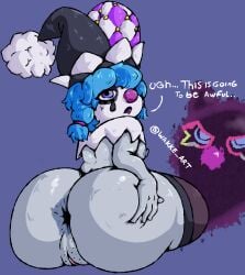absurd_res ambiguous_gender anus black_lipstick blue_hair bow_tie braided_hair breasts bunny_ears bunny_girl clothing clown_girl clown_hat clown_makeup clown_nose duo female genitals goblin_clown grey_body grey_skin hair hi_res holding_own_butt lagomorph league_of_legends legwear lipstick makeup rabbit_ears rabbit_girl riot_games shadow_(lol) shortstack shortstack_female slightly_chubby small_breasts solo surprise_party_vex tencent text the_grind_series thick_thighs thigh_highs twin_braids twintails vex_(league_of_legends) vulva wakke yordle