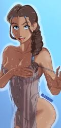 alexurds blue_eyes bottomless braided_hair brown_hair censored female female_only katara katara_(avatar_the_last_airbender) nickelodeon nicktoons nude_female pleasure_face pubic_hair shower smiling_female teenage_girl tits towel_only vaginal_fluids water wet_body younger_female