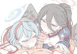 1boy 2girls ako_(blue_archive) ako_(gym_uniform)_(blue_archive) assertive_female balls bar_censor big_penis big_penis_adoration black_hair black_hair_female blue_archive blue_hair blue_hair_female blush censored closed_eyes clothed_female_nude_male cooperative_fellatio drooling erection eyes_closed feathered_wings fellatio ffm_threesome gehenna_academy_student group_sex gym_uniform hair_behind_ear hair_between_eyes halo hasumi_(blue_archive) hasumi_(track)_(blue_archive) justice_task_force_(blue_archive) large_penis light-skinned_female light-skinned_male light_skin long_hair looking_at_viewer mo_(kireinamo) mosouko multiple_girls navel nude oral penis pov pov_crotch prefect_team_(blue_archive) red_eyes saliva sensei_(blue_archive) short_hair simple_background sweat teamwork teamwork_(sexual) testicle_sucking testicles threesome trinity_general_school_student vein veins veins_on_dick veiny veiny_penis wings