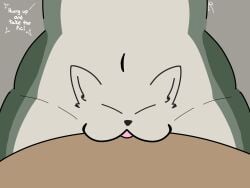anthro avery_(veecr) do_you_want_to_pet_my_cat_(meme) female furniture genitals green_body hi_res meme navel pussy-cat_(meme) simple_background solo table text veenognat vulva white_body
