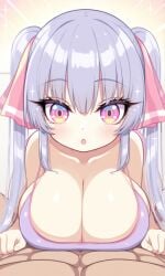 1boy ai_generated eyes large_breasts long_hair looking_at_viewer male on_lap oppai pink pov pov_eye_contact purple_hair riko_(shuz) shortstack silver-purple_hair thebillai twintails very_long_hair voluptuous