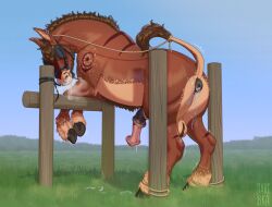 after_anal after_sex animal_genitalia animal_penis anus asinus ass ball_tuft balls blindfold bodily_fluids bound cum cum_from_ass cum_in_ass cum_inside cum_string digital_media_(artwork) donkey ear_piercing ear_ring equid equine equine_anus equine_genitalia equine_penis feral fur genital_fluids genitals grass half-erect hooves horse jaribka leaking_precum legs_tied male mammal mane nipple_outline outside penis piercing plant precum precum_string puffy_anus ring_piercing rope solo tail tail_tied tuft