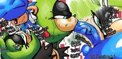 1girls female female_focus curvy voluptuous voluptuous_female curvaceous curvy_figure curvy_female tagme idw_publishing idw_comics sonic_(series) sonic_the_hedgehog_(series) sega sonic_the_hedgehog_(comics) sonic_the_hedgehog_(idw) surge_the_tenrec knuckles_the_echidna sonic_the_hedgehog size_difference bigger_female larger_female smaller_dom small_dom_big_sub bigger_sub smaller_male shorter_male taller_girl anthro anthro_only anthro_focus green_skin green_body green_fur straight hetero notgonnaholdu 00blaq simple_background white_background alternate_version_available dialogue text english_text sound_effects onomatopoeia punk punk_girl penis big_penis large_penis vein veins veiny_penis fellatio oral oral_sex blowjob saliva saliva_trail saliva_on_penis