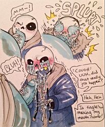 balls blush bone clothed clothing cum duo ectoplasm english_text fellatio male mammal marker_(artwork) mixed_media oral pen_(artwork) penis sans sex skeleton speech_bubble text traditional_media_(artwork) undertale video_games yaoi