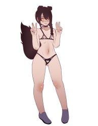 aged_up axl_vegeta bikini blush chainsaw_man collar double_v kemonomimi nayuta_(chainsaw_man) orange_eyes ponytail practically_nude ringed_eyes skimpy sweatdrop tail