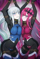 2girls assimilation baobhan_sith_(fate) blush bodysuit brainwashed brainwashing breasts breasts_squeezed_together chained chains corrupted corruption corset enemy_conversion fate/grand_order fate_(series) hair_between_eyes huge_breasts latex latex_bodysuit long_hair looking_at_viewer mind_control morgan_le_fay_(fate) mother_and_daughter pale_skin pink_hair pointy_ears ponytail restrained sidelocks thighhighs tied_hair white_hair
