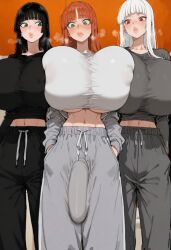 3girls ai_generated auburn_hair black_hair breast_envy covered_nipples gigantic_breasts hands_in_pockets keana sweatpants thick_lips white_hair