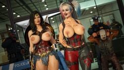 2girls 3d 3d_(artwork) 3d_render 4boys adult arrest balaclava batman_(series) breasts celebrity criminal danp danp3d daz_studio dc dc_comics dc_extended_universe dceu diana_prince gal_gadot harley_quinn harley_quinn_(injustice) hi_res high_quality high_resolution highres huge_breasts injustice_2 justice_league long_hair margot_robbie milf multiple_boys nipple_piercing nipples open_clothes open_clothing open_topwear police police_officer police_uniform red_nails shield skirt sword wonder_woman wonder_woman_(dceu) wonder_woman_(series)