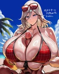 1boy 1girls absurd_res alisa_ilinichina_amiella alternate_breast_size bare_shoulders beach bikini blue_eyes blush bracelet breast_squeeze breasts censored coconut_tree collarbone dark-skinned_male dark_skin erection god_eater hair_between_eyes huge_breasts long_hair mosaic_censoring paizuri penis plant pov precum pubic_hair red_bikini sand seaside sky smile straight sunglasses sunglasses_on_head tree water wolffeld_price
